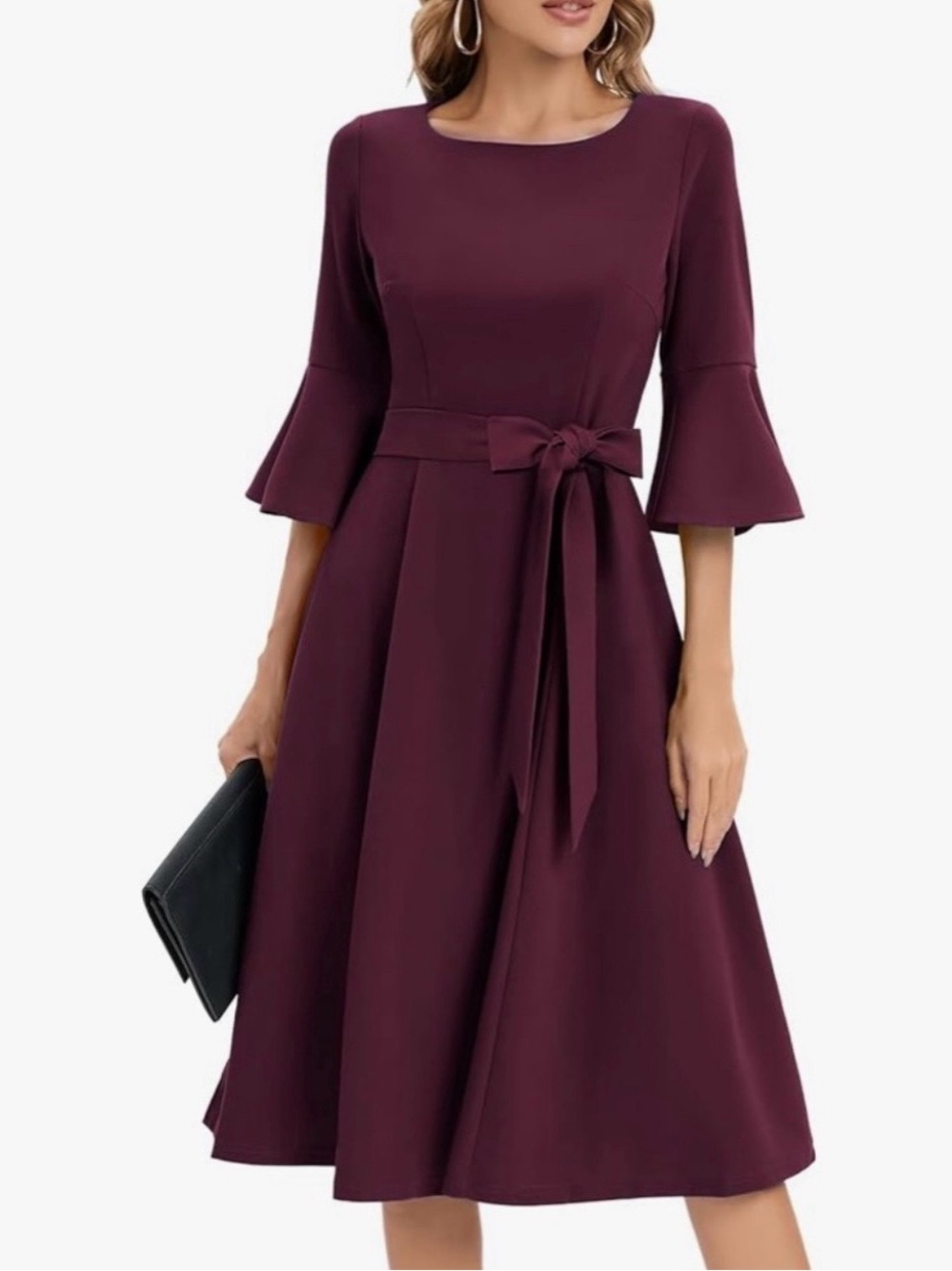 HR Homrain Sz 3XL Elegant Burgundy Plum Fit-and-Flare Party Dress with Tie Waist